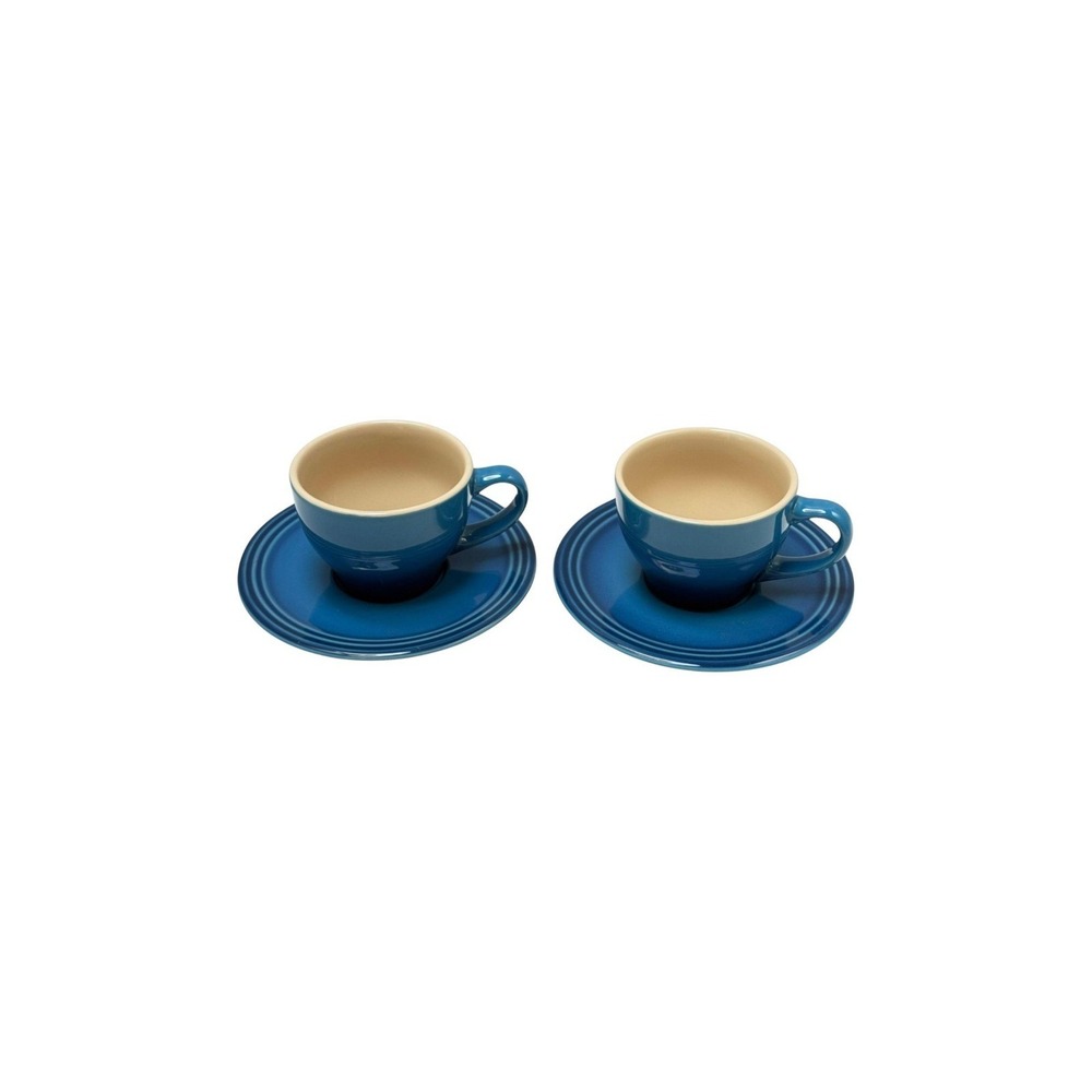 Le Creuset Cappuccino  Cups and Saucers Lot 2  Blue Stoneware